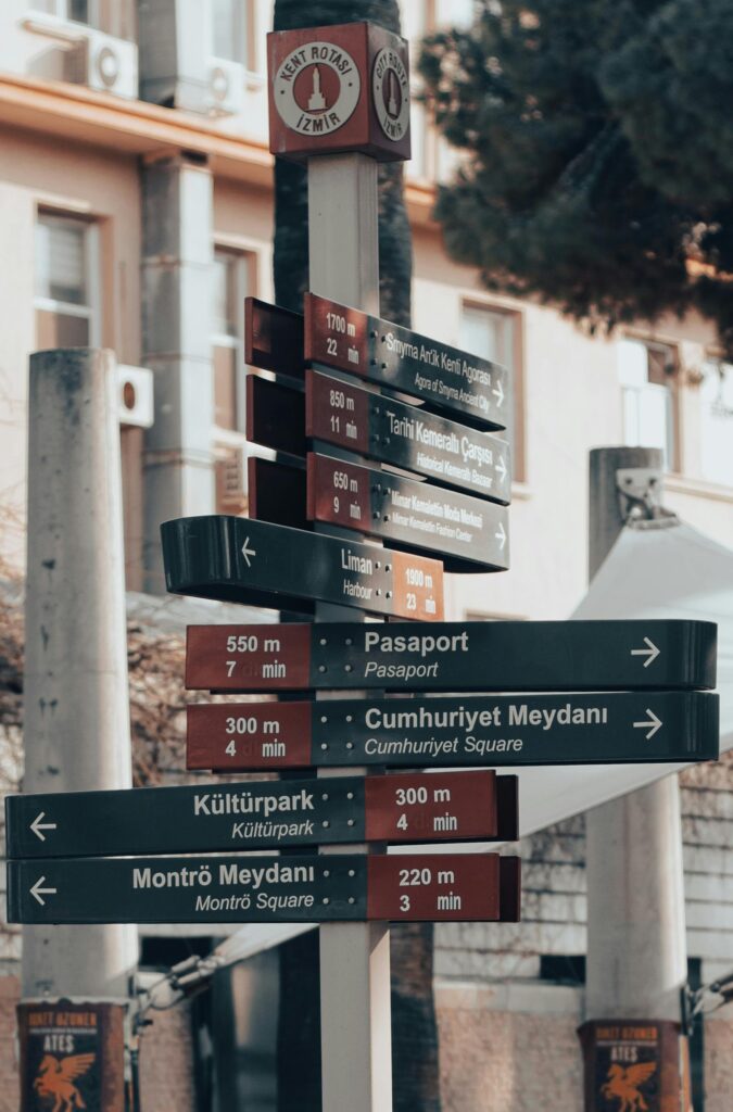 A close-up of a multifaceted directional sign in İzmir, Turkey, surrounded by city architecture.